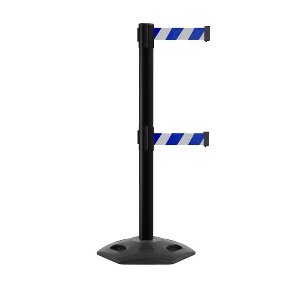 Stanchion Dual Belt Barr. Rubber Base Black Post 7.5ftBlu/Wh Belt, Montour Line, Mfr#: MSR630D-BK-BWD-75